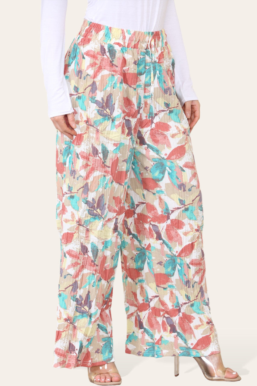 ELASTICATED WAIST WIDE LEG PLEATED LEAF PRINT TROUSER