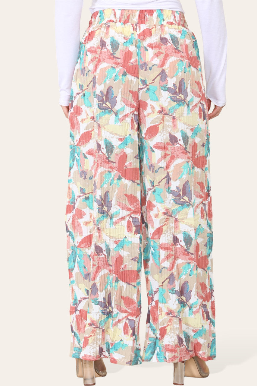 ELASTICATED WAIST WIDE LEG PLEATED LEAF PRINT TROUSER