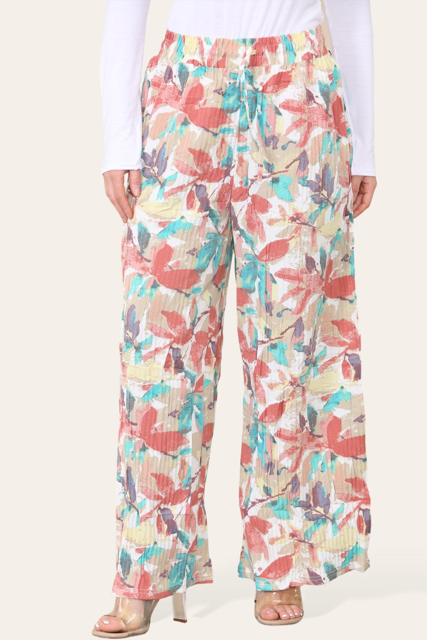 ELASTICATED WAIST WIDE LEG PLEATED LEAF PRINT TROUSER