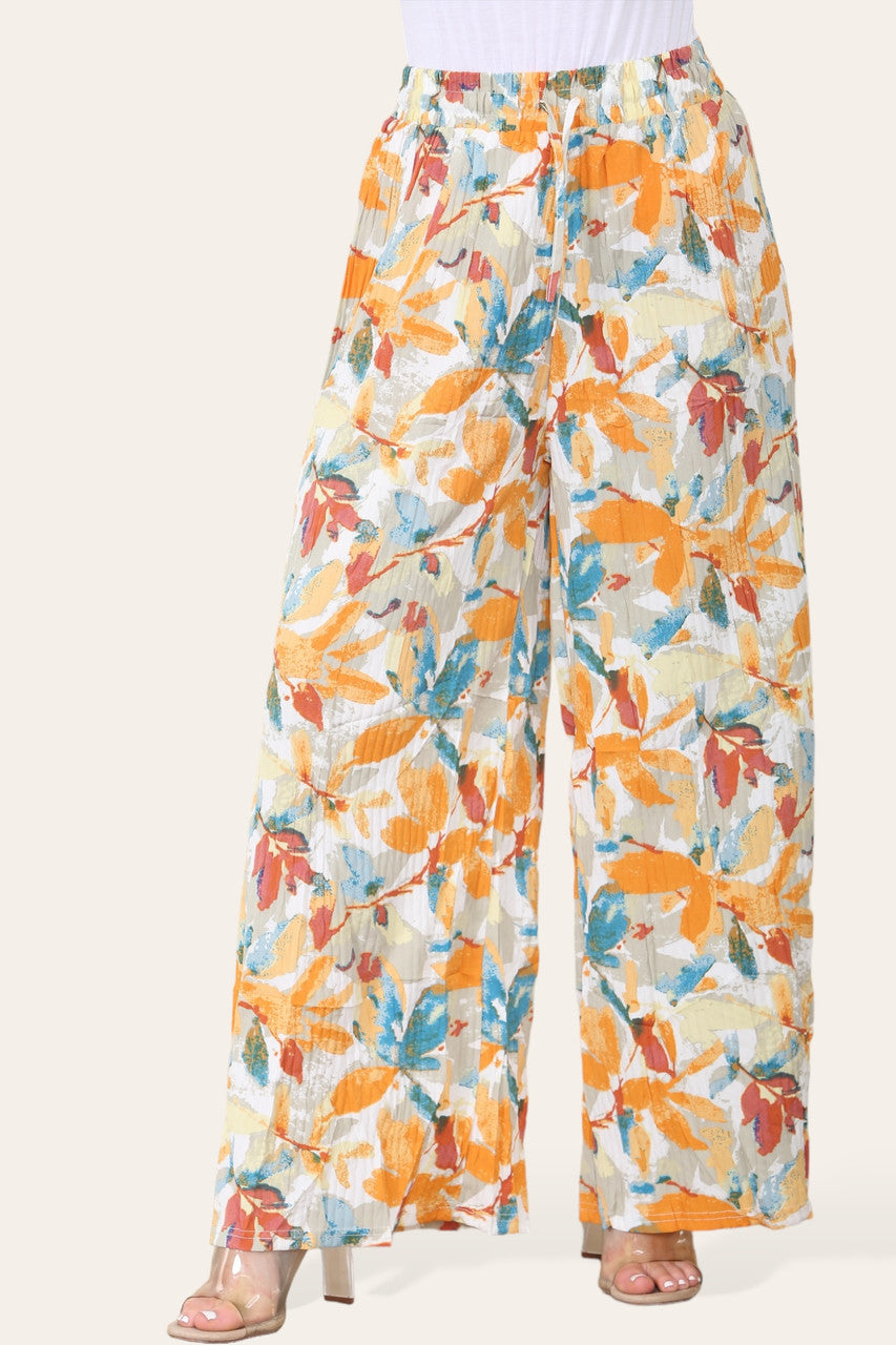 ELASTICATED WAIST WIDE LEG PLEATED LEAF PRINT TROUSER