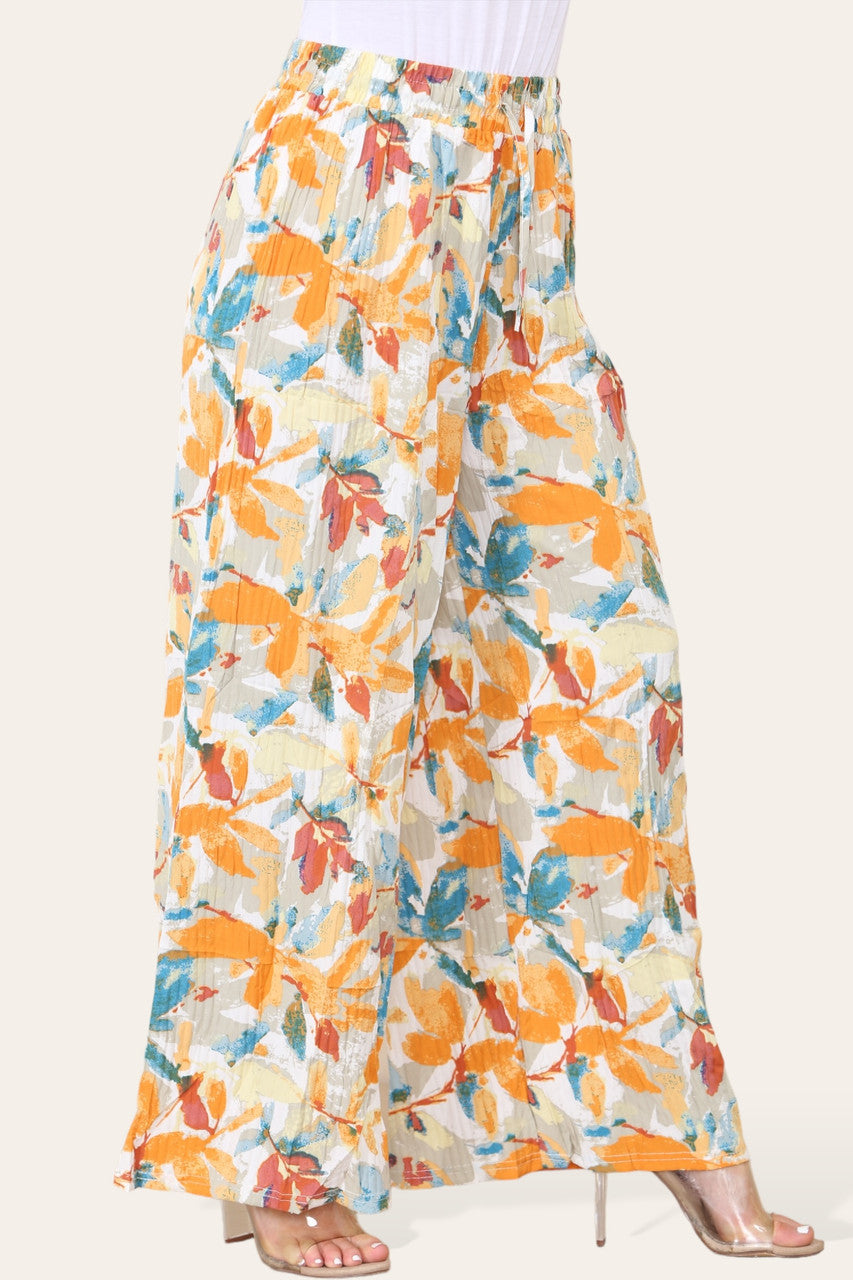 ELASTICATED WAIST WIDE LEG PLEATED LEAF PRINT TROUSER