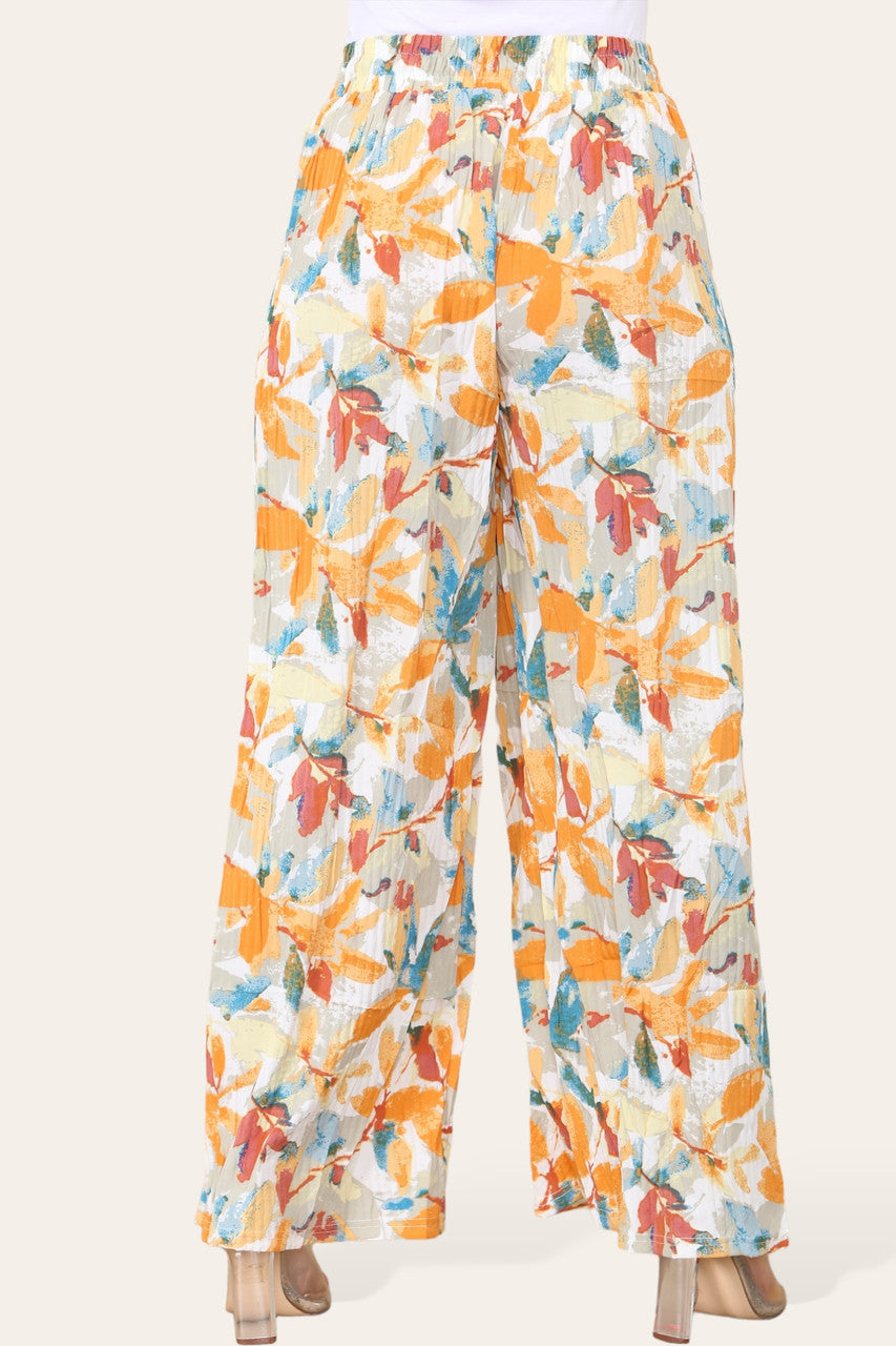 ELASTICATED WAIST WIDE LEG PLEATED LEAF PRINT TROUSER