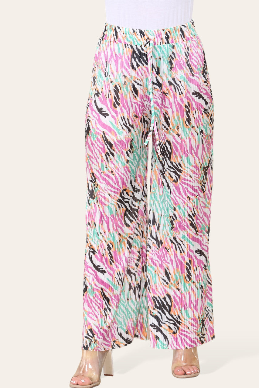 ELASTICATED WAIST WIDE LEG PLEATED ANIMAL PRINT TROUSER