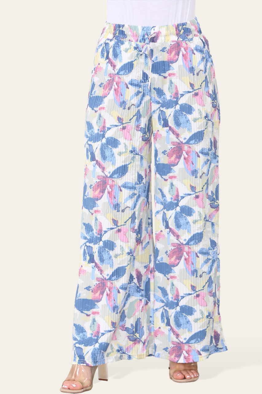 ELASTICATED WAIST WIDE LEG PLEATED LEAF PRINT TROUSER