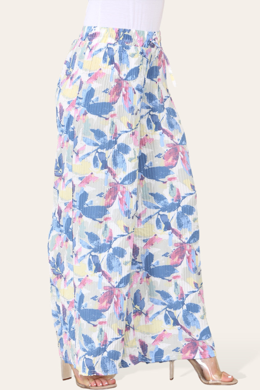 ELASTICATED WAIST WIDE LEG PLEATED LEAF PRINT TROUSER