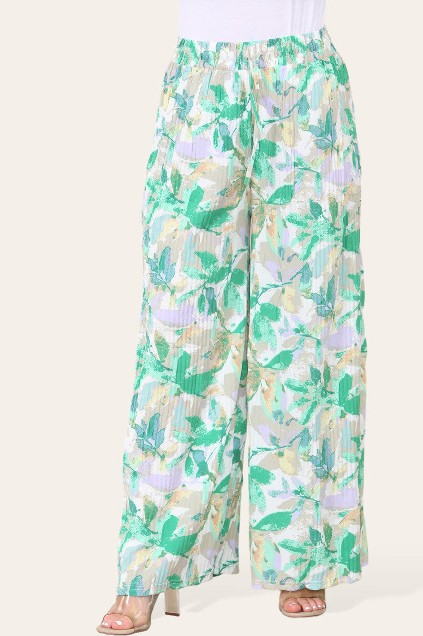 ELASTICATED WAIST WIDE LEG PLEATED LEAF PRINT TROUSER