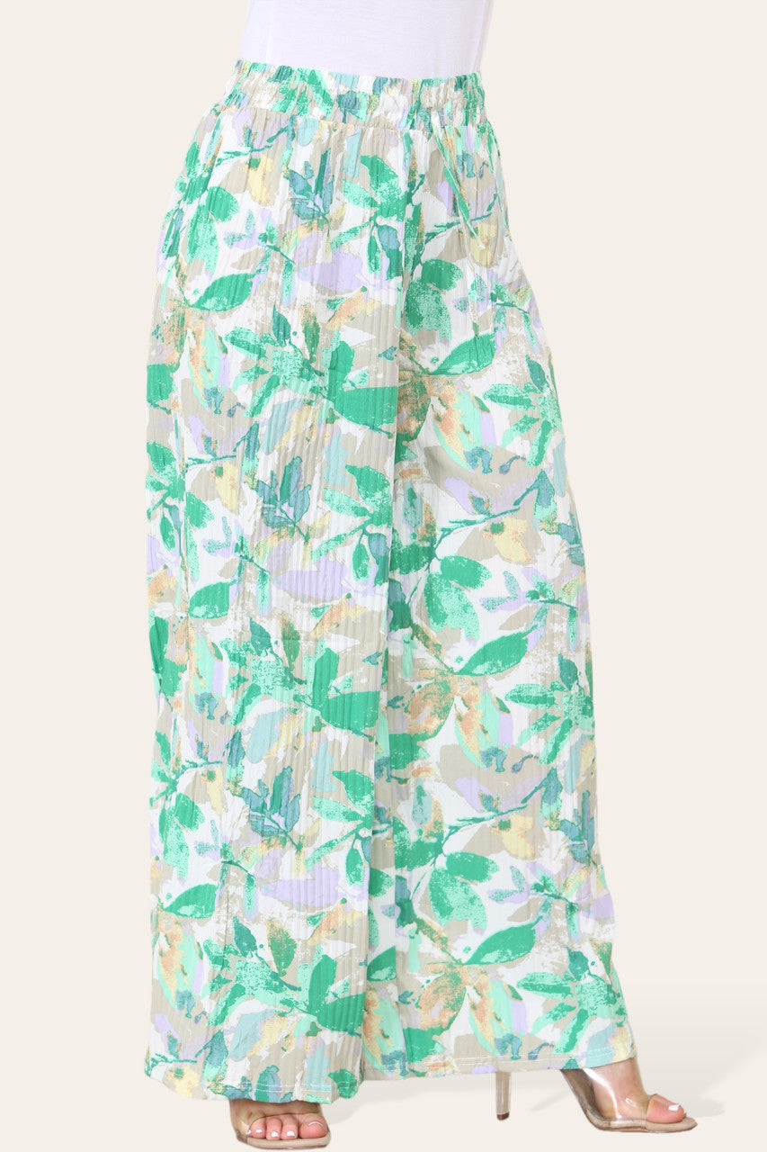 ELASTICATED WAIST WIDE LEG PLEATED LEAF PRINT TROUSER