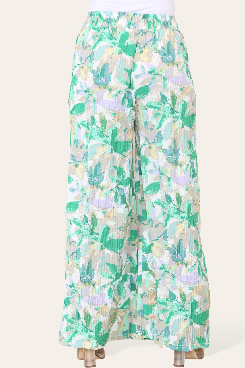 ELASTICATED WAIST WIDE LEG PLEATED LEAF PRINT TROUSER