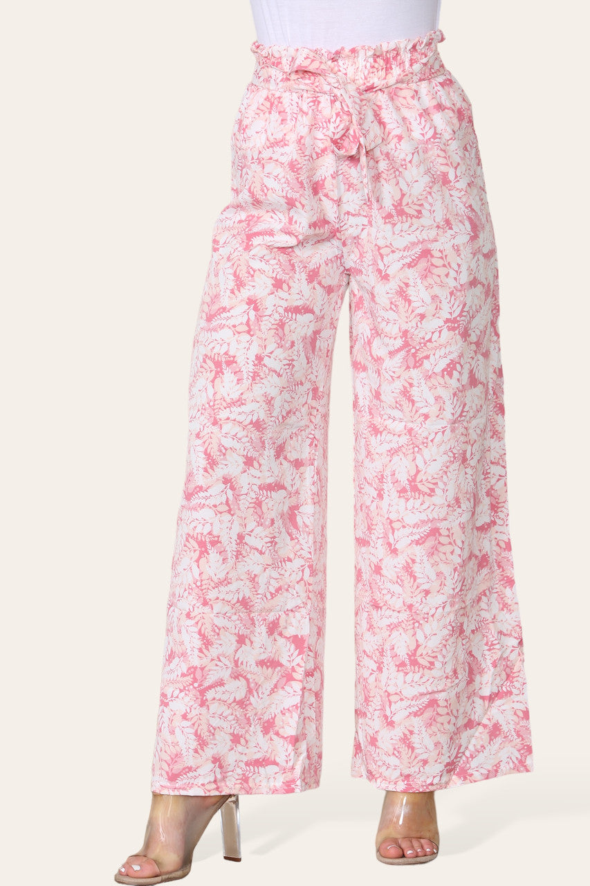 ELASTICATED WAIST WIDE LEG FERN LEAF PRINT TROUSER