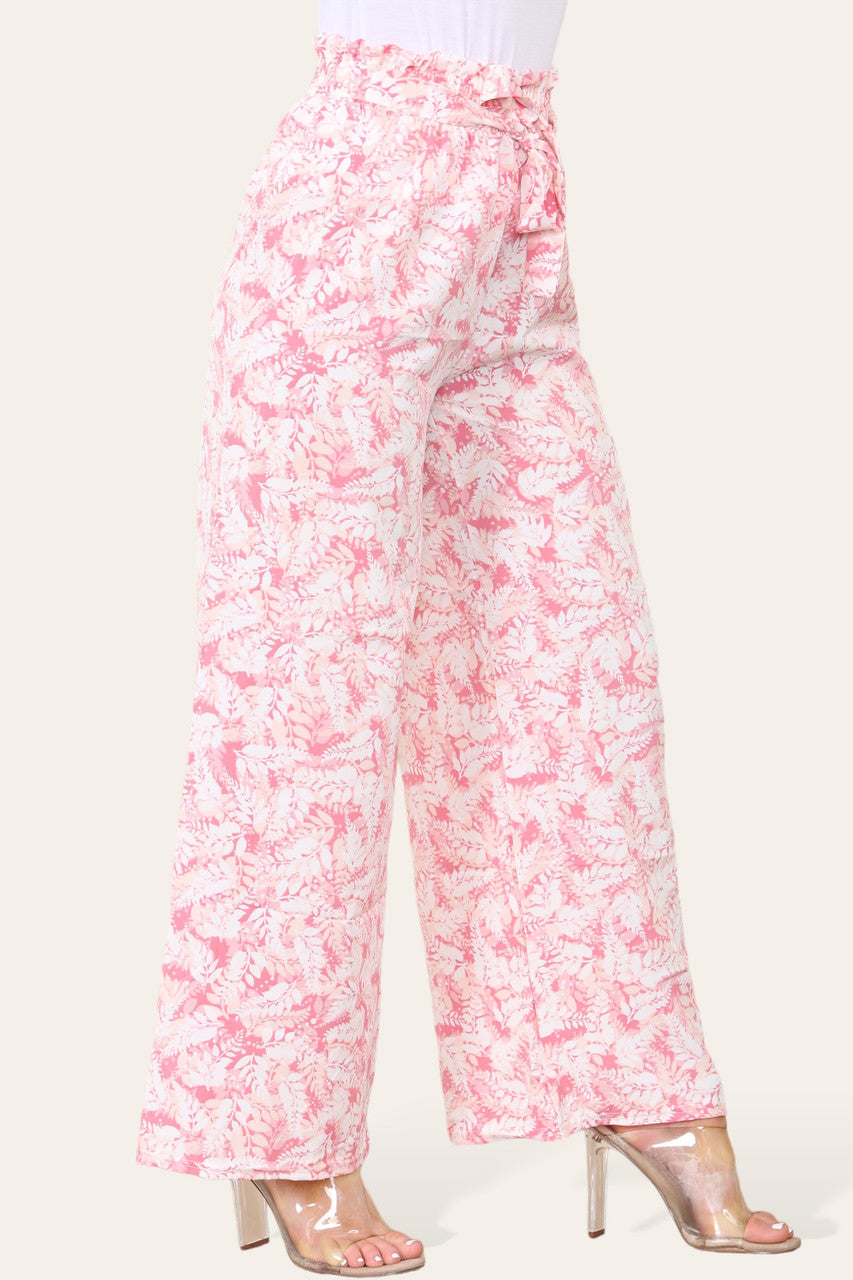 ELASTICATED WAIST WIDE LEG FERN LEAF PRINT TROUSER
