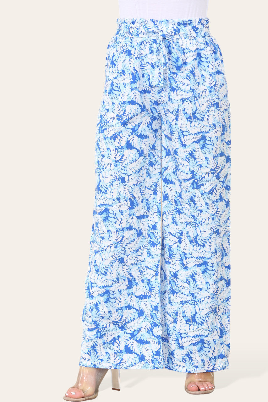 ELASTICATED WAIST WIDE LEG FERN LEAF PRINT TROUSER