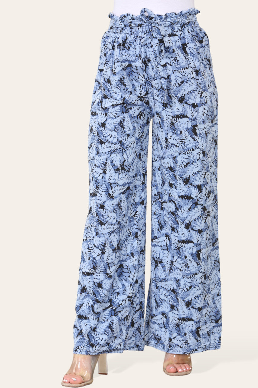 ELASTICATED WAIST WIDE LEG FERN LEAF PRINT TROUSER