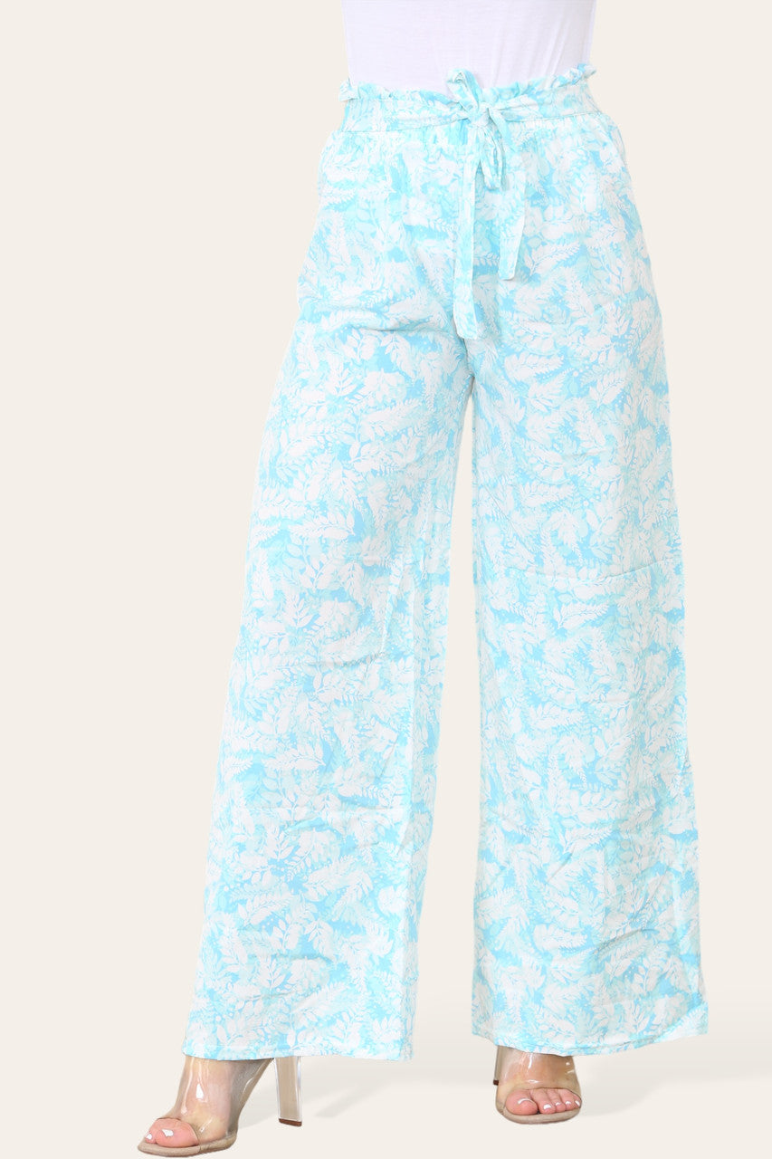 ELASTICATED WAIST WIDE LEG FERN LEAF PRINT TROUSER