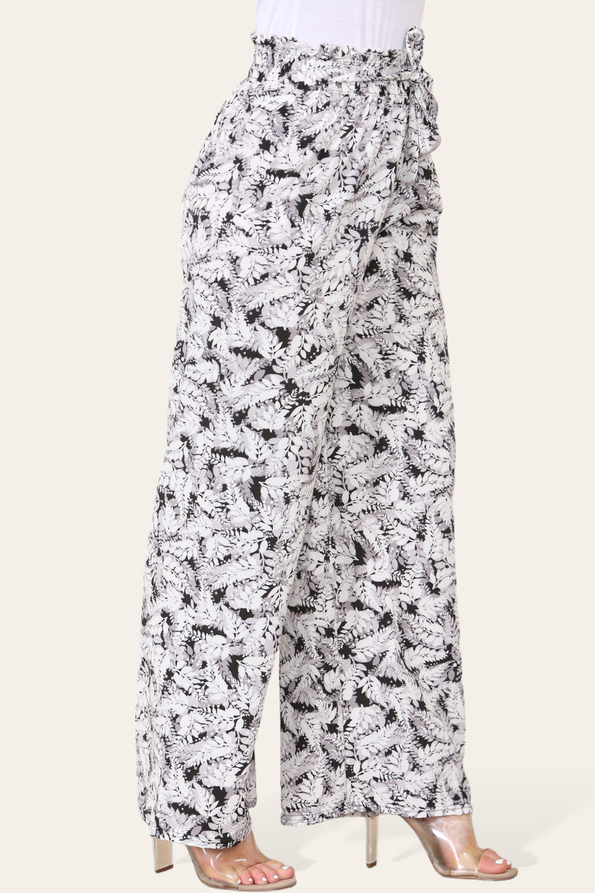 ELASTICATED WAIST WIDE LEG FERN LEAF PRINT TROUSER
