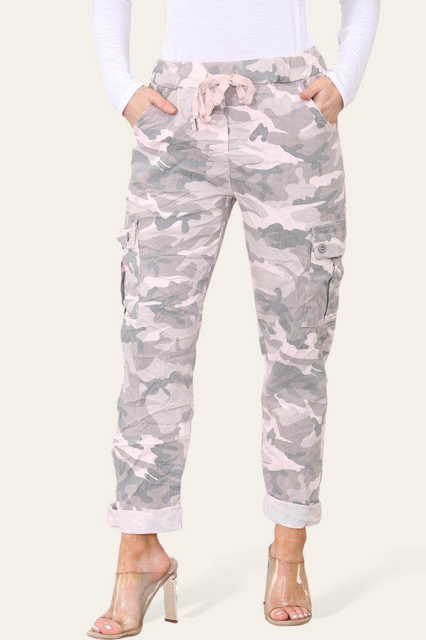 CAMOUFLAGE PRINT MAGIC COMBAT TROUSERS DUSTY PINK