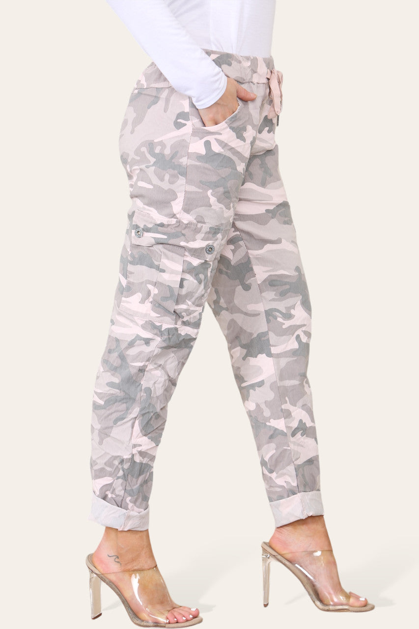 CAMOUFLAGE PRINT MAGIC COMBAT TROUSERS DUSTY PINK