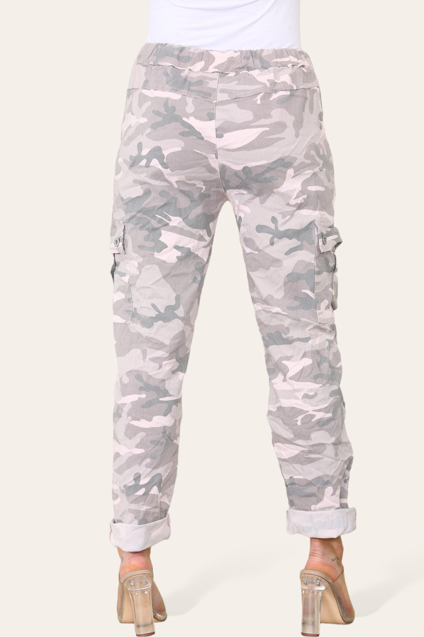 CAMOUFLAGE PRINT MAGIC COMBAT TROUSERS DUSTY PINK