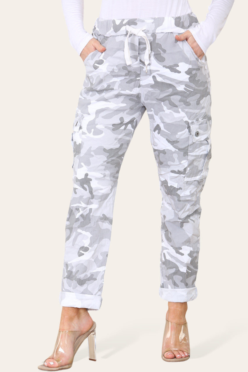 CAMOUFLAGE PRINT MAGIC COMBAT TROUSERS SILVER
