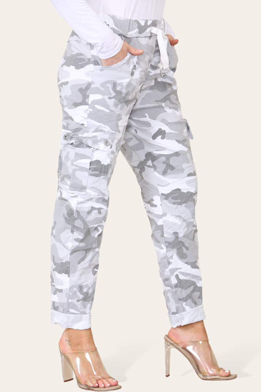 CAMOUFLAGE PRINT MAGIC COMBAT TROUSERS SILVER