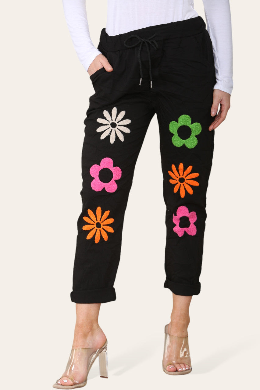 FLORAL PATCHWORK MAGIC TROUSERS BLACK