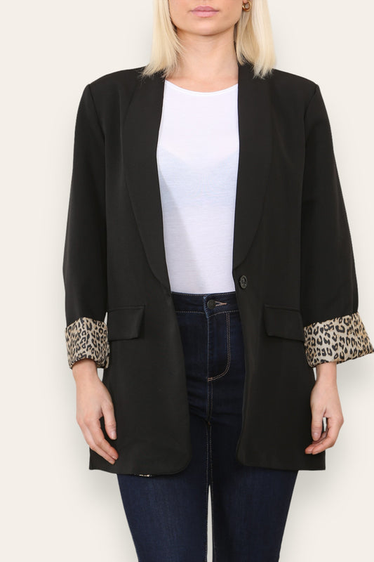 BLAZER MET LUIPAARDPRINT VOERING HELEMAAL GEVOERD ZWART