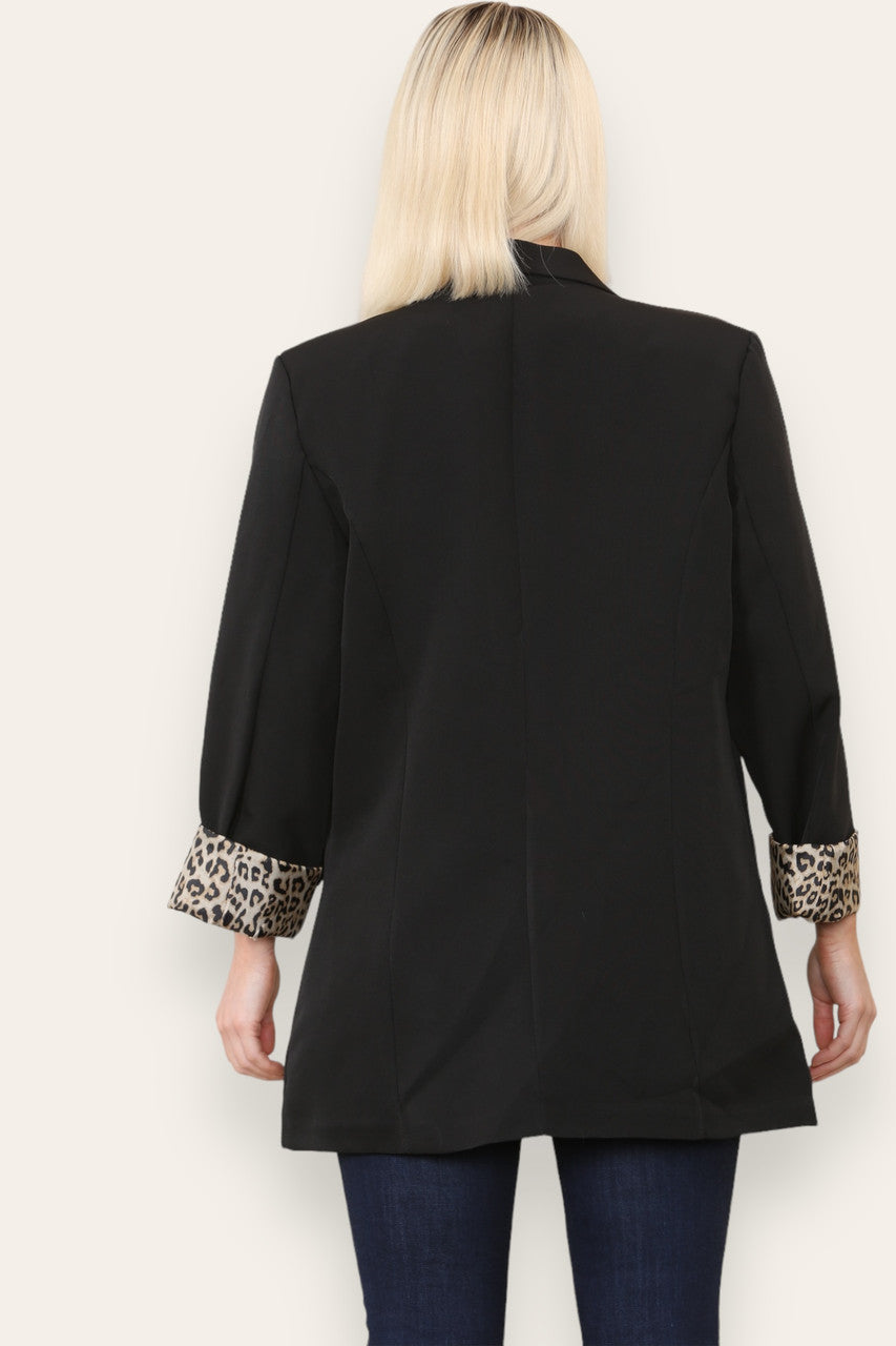 LEOPARD PRINT INNER FULLY LINED BLAZER BLACK