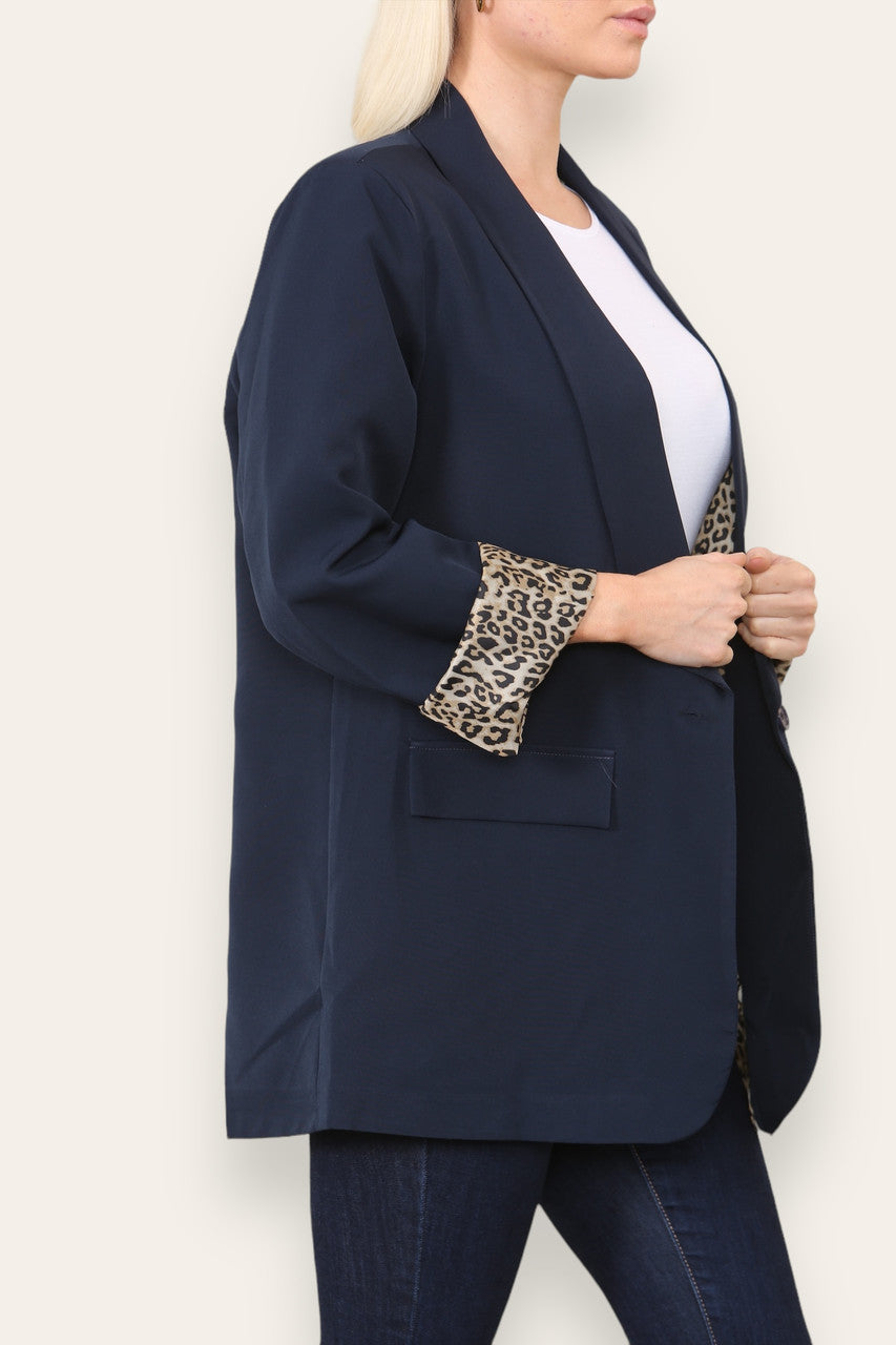LEOPARD PRINT INNER FULLY LINED BLAZER NAVY