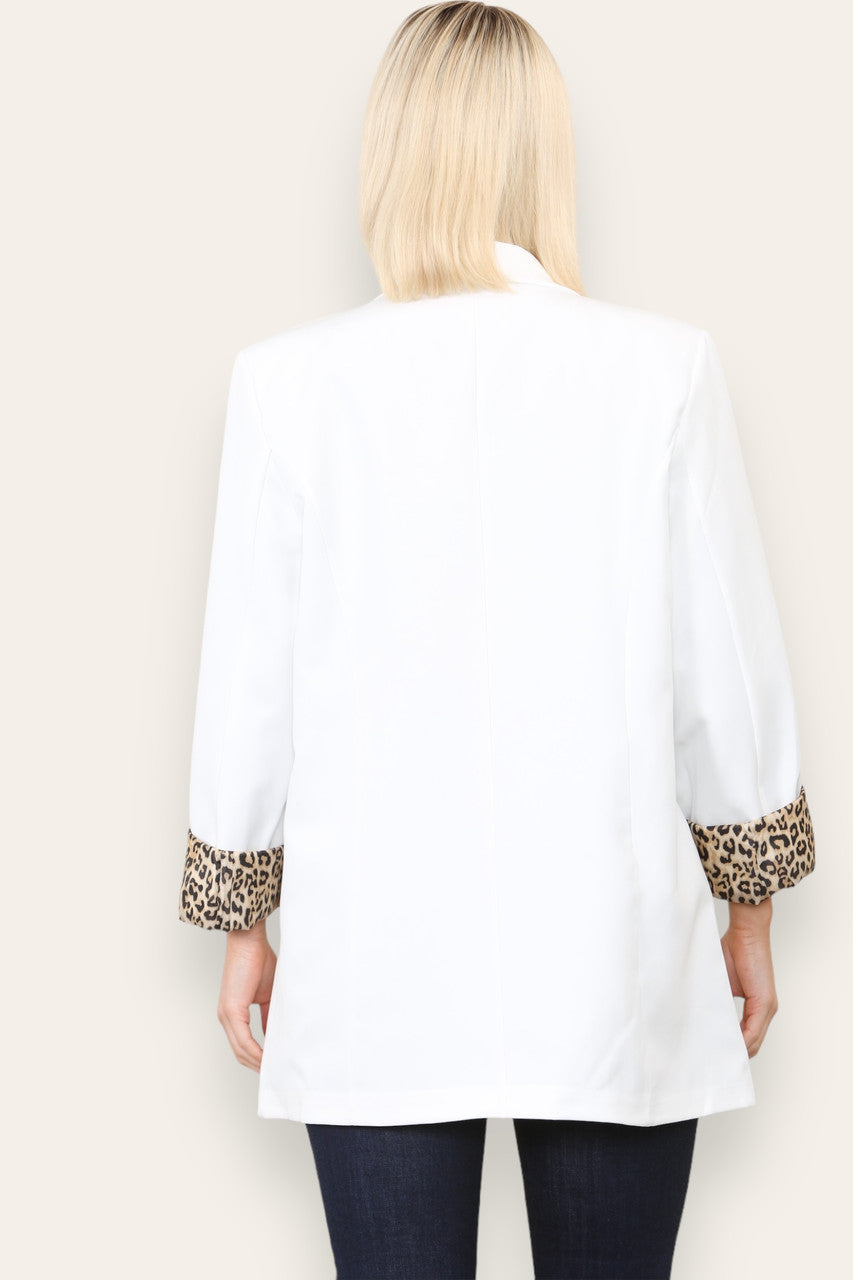 LEOPARD PRINT INNER FULLY LINED BLAZER WHITE