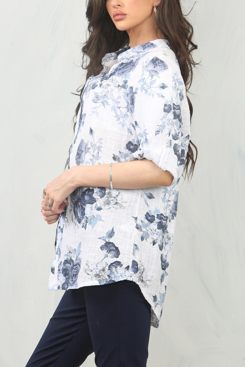 ROSE PRINT GRANDAD SHIRT TOP - NAVY
