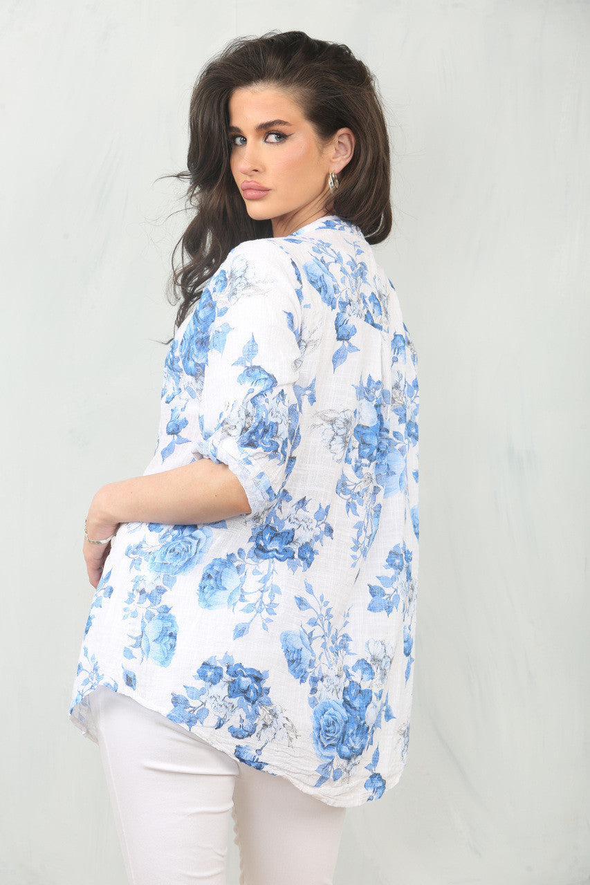 ROZENPRINT GRANDAD SHIRT TOP - KONINGSBLAUW