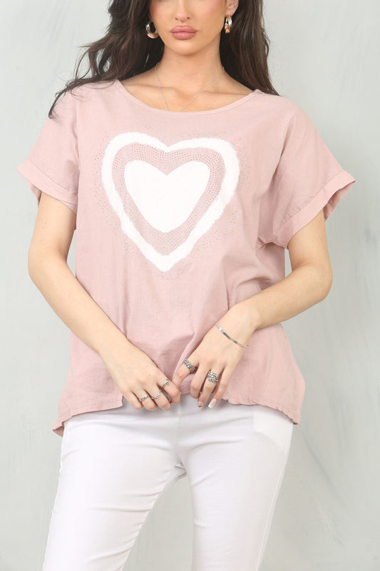 DOUBLE HEART GRAPHIC LINEN MIX TOP - DUSTY PINK
