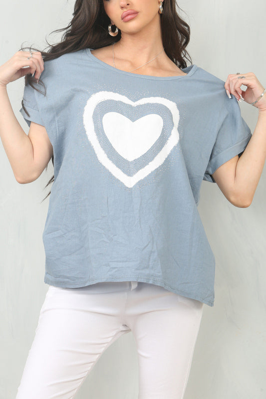 DOUBLE HEART GRAPHIC LINEN MIX TOP - DENIM