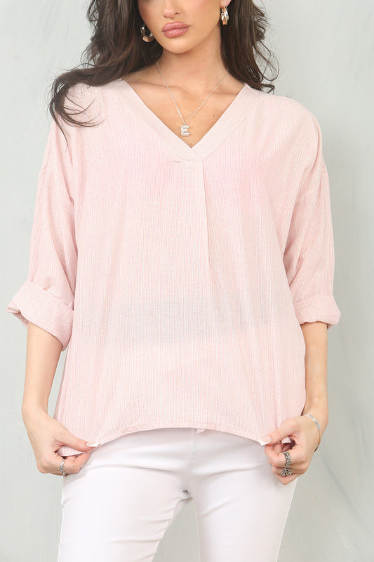 PINSTRIPE V-NECK BLOUSE TOP - PINK