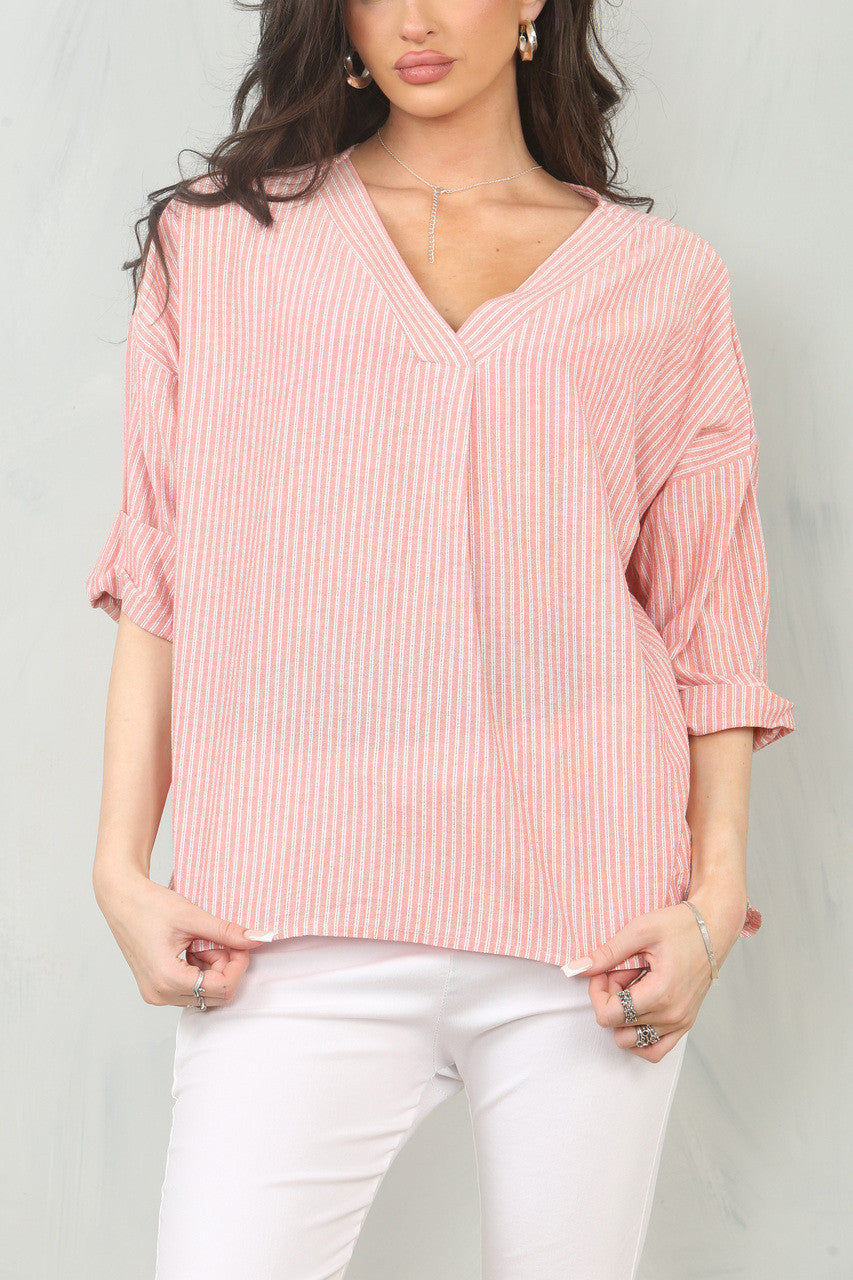 GESTREEPTE V-HALS BLOUSE TOP - KORAAL
