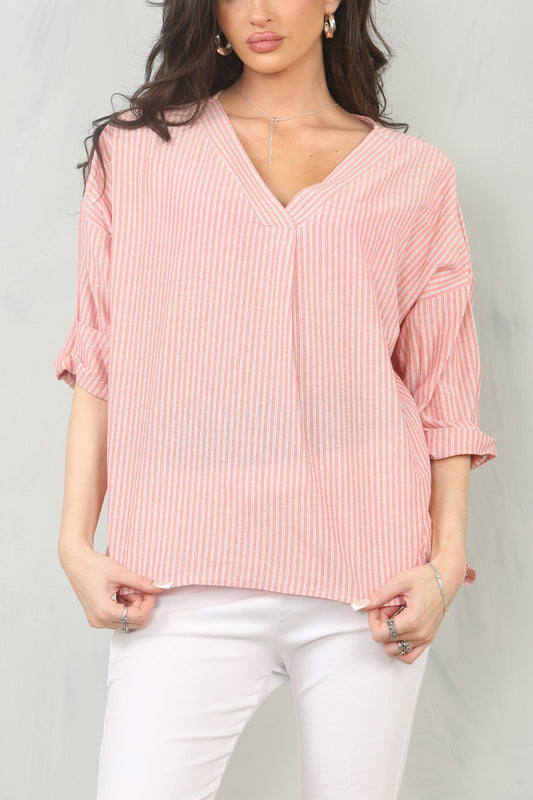 PINSTRIPE V-NECK BLOUSE TOP - CORAL