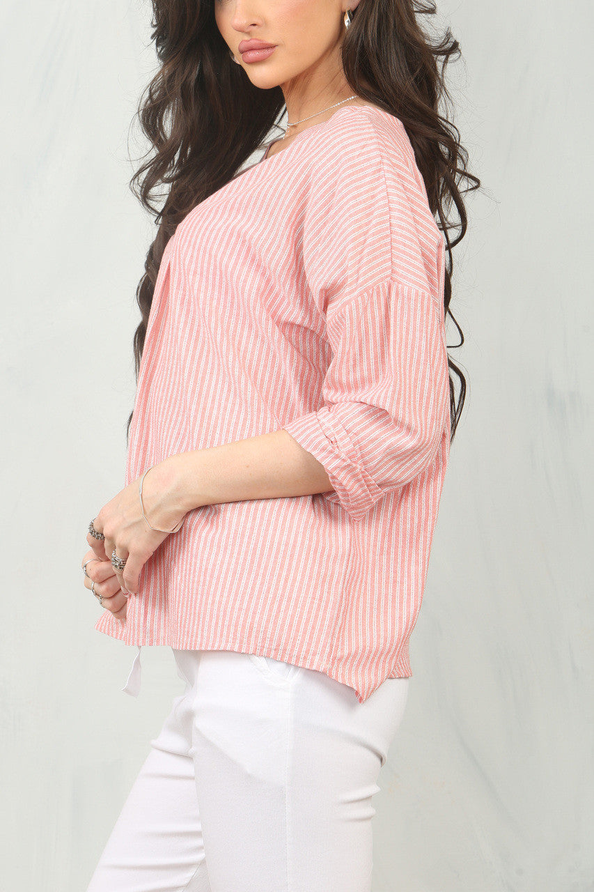 GESTREEPTE V-HALS BLOUSE TOP - KORAAL