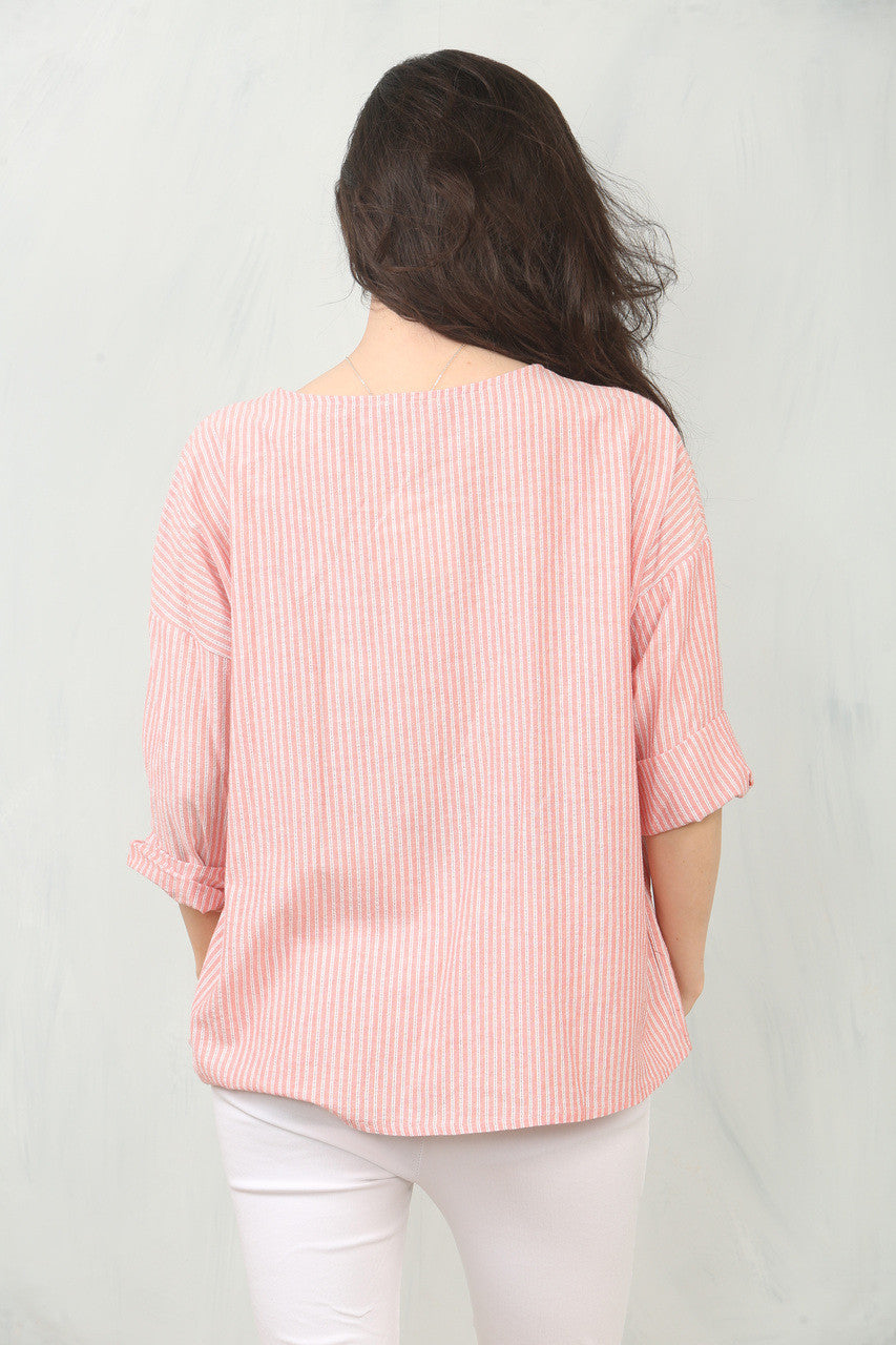GESTREEPTE V-HALS BLOUSE TOP - KORAAL