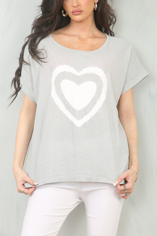 DOUBLE HEART GRAPHIC LINEN MIX TOP - GREY
