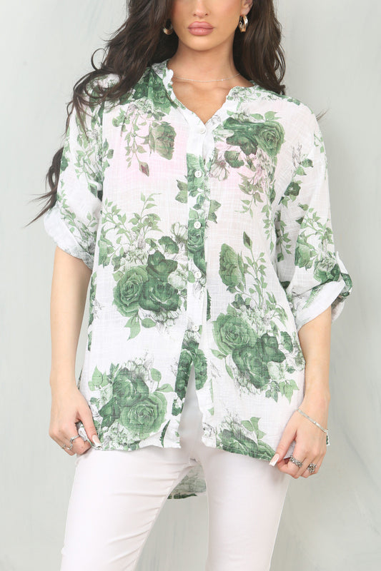 ROSE PRINT GRANDAD SHIRT TOP - GREEN
