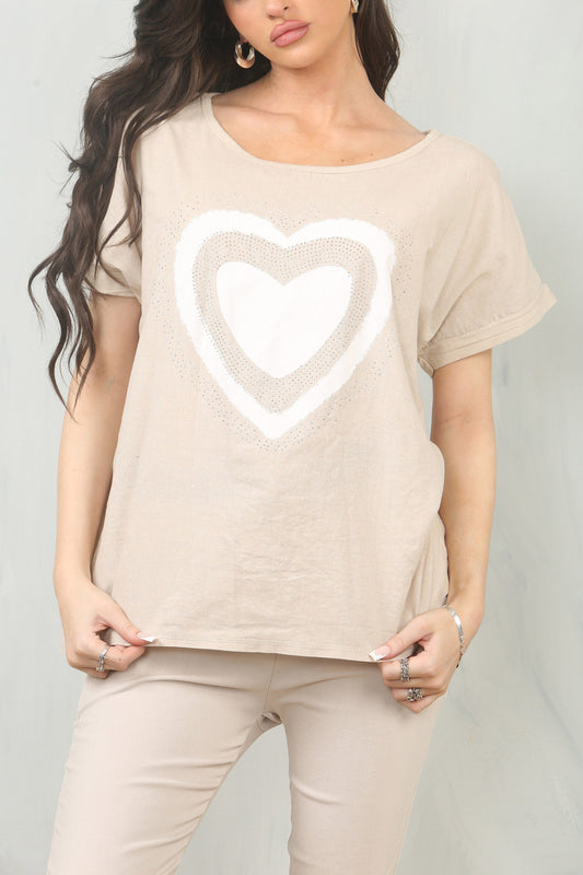 DOUBLE HEART GRAPHIC LINEN MIX TOP - STONE