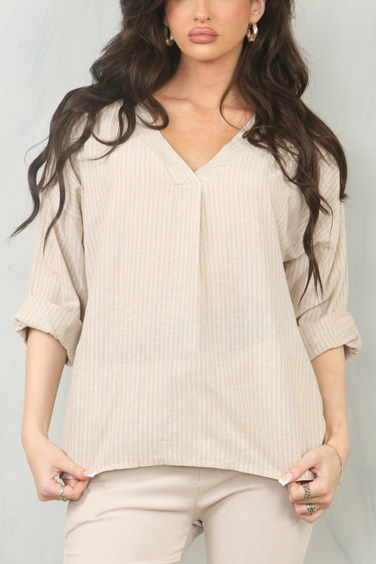 PINSTRIPE V-NECK BLOUSE TOP - STONE