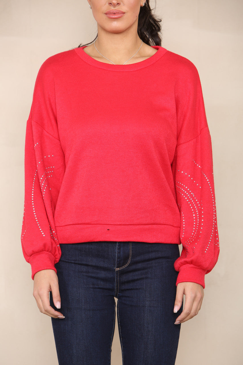 DIAMANTE SLEEVE DETAIL KNIT JUMPER RED