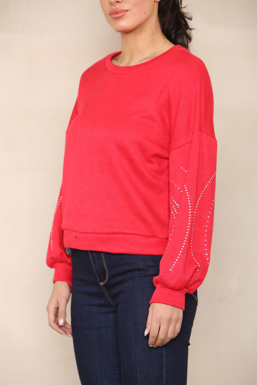DIAMANTE SLEEVE DETAIL KNIT JUMPER RED