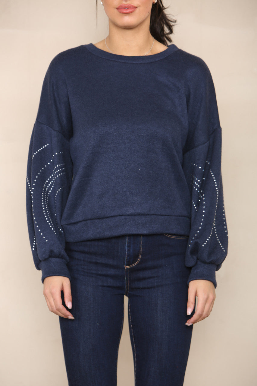 DIAMANTE SLEEVE DETAIL KNIT JUMPER NAVY