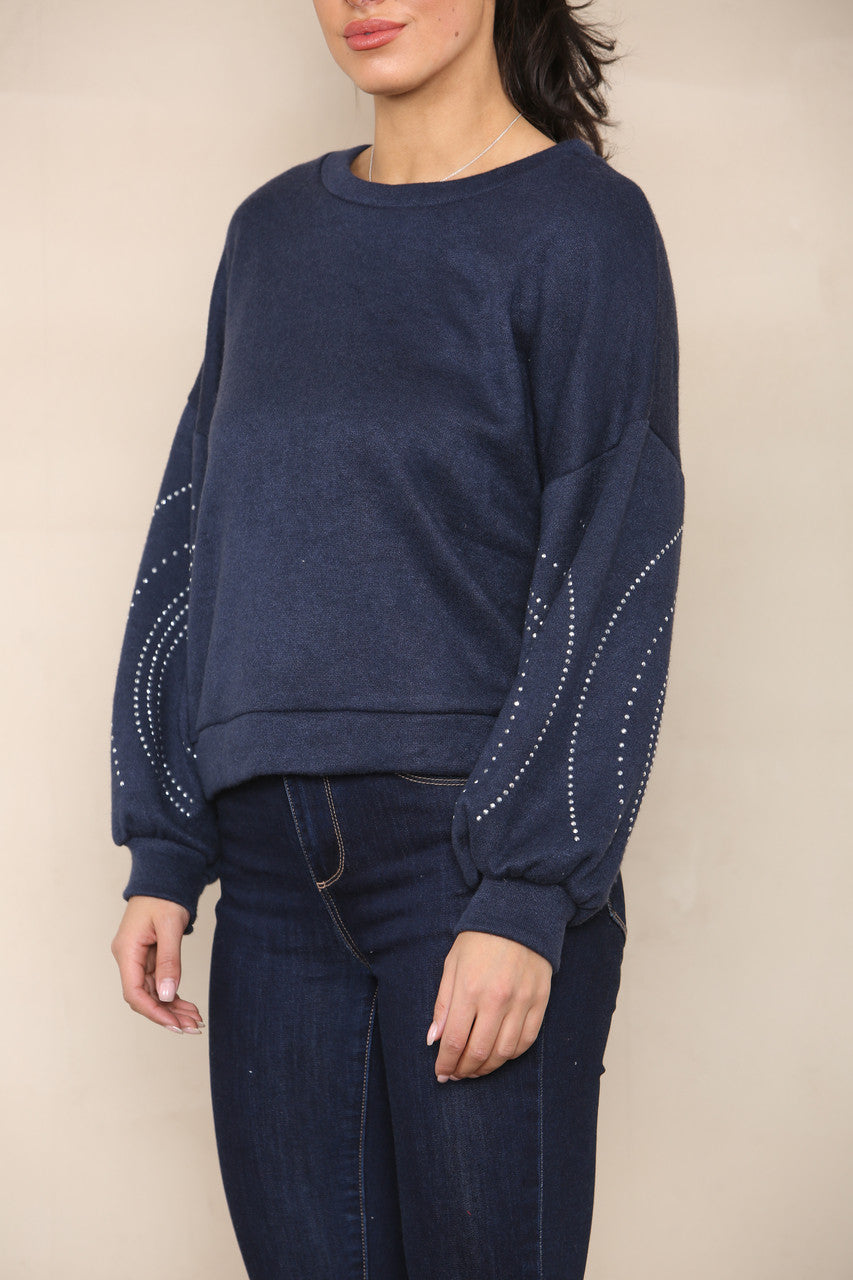 DIAMANTE SLEEVE DETAIL KNIT JUMPER NAVY