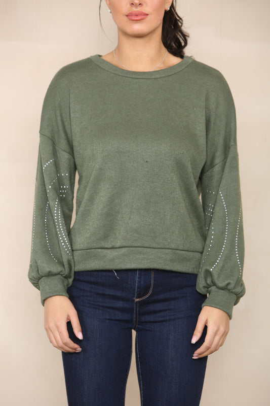 DIAMANTE SLEEVE DETAIL KNIT JUMPER KHAKI