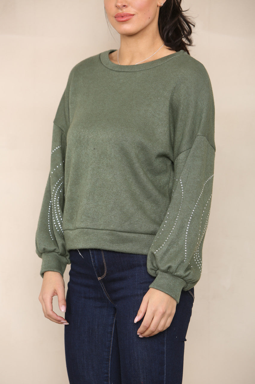 DIAMANTE SLEEVE DETAIL KNIT JUMPER KHAKI