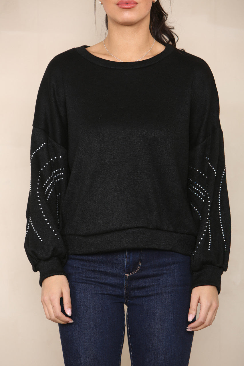 DIAMANTE SLEEVE DETAIL KNIT JUMPER BLACK