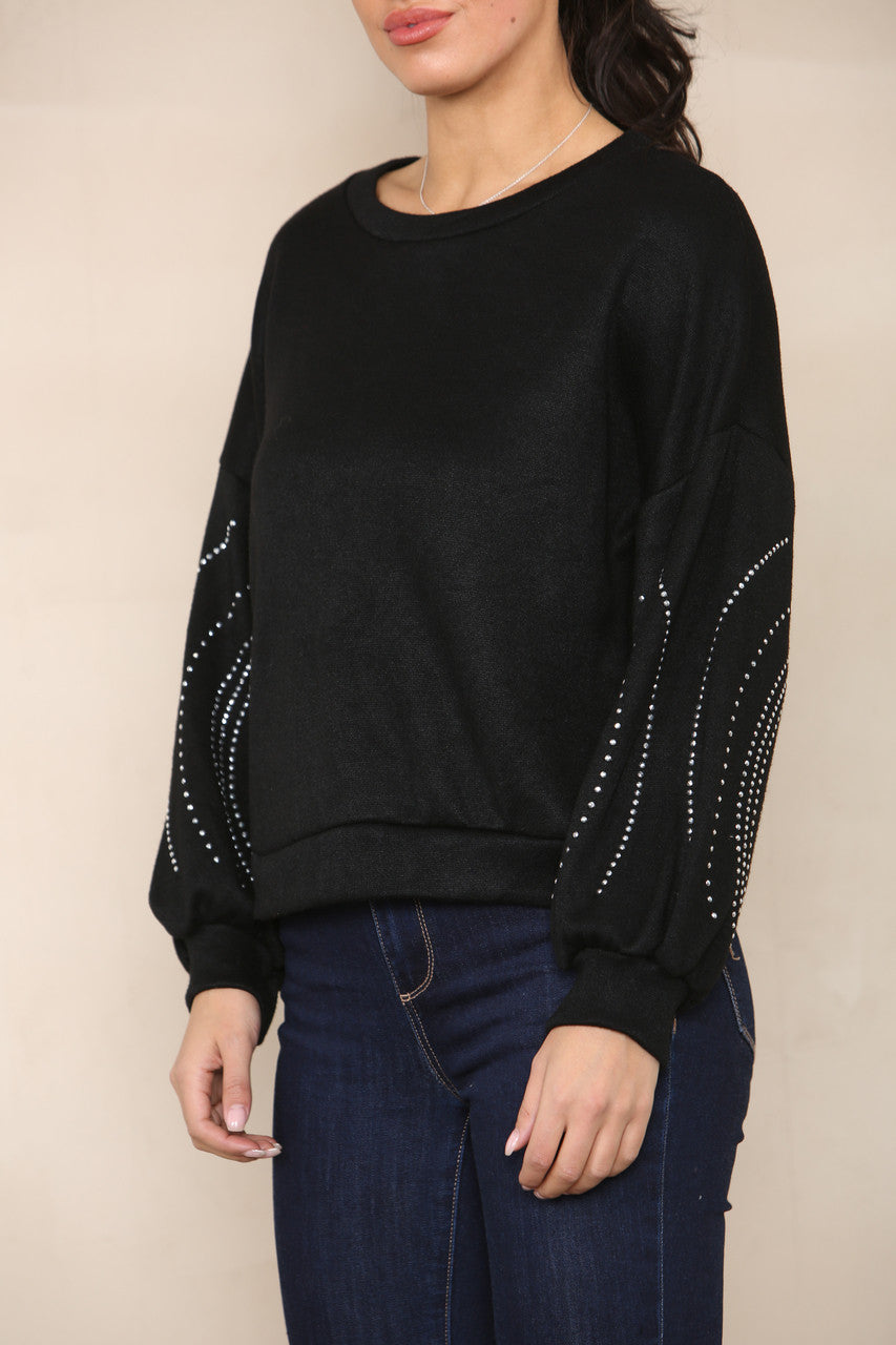 DIAMANTE SLEEVE DETAIL KNIT JUMPER BLACK
