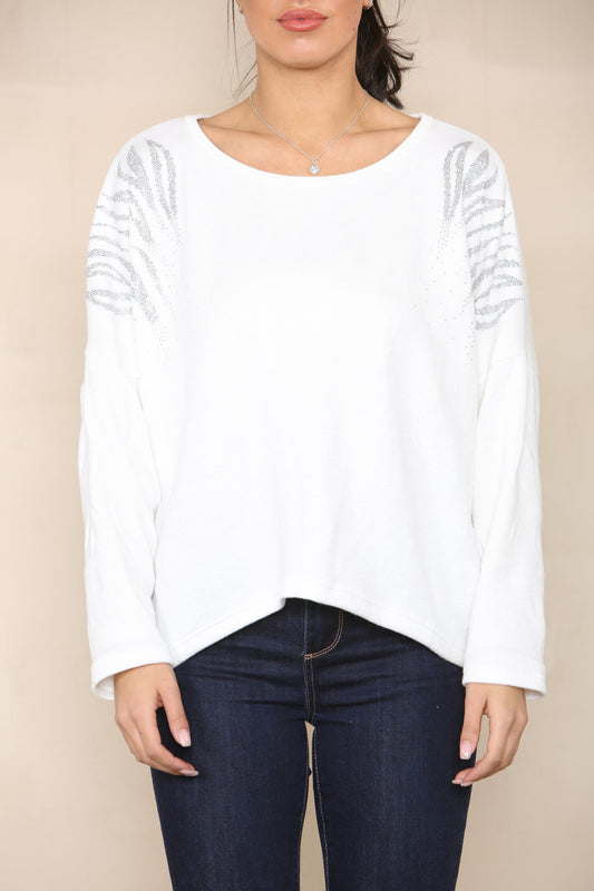 DIAMANTES SHOULDER DETAIL KNIT JUMPER STONE